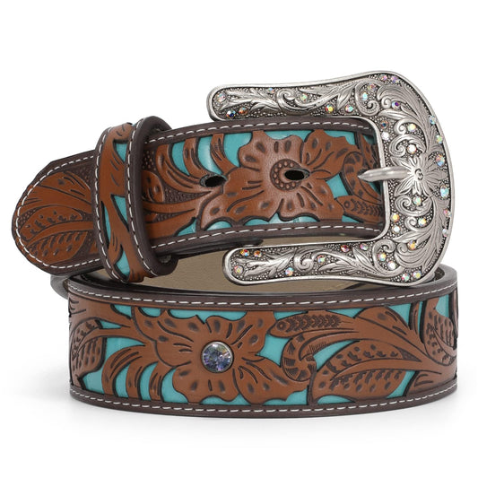 TRIWORKS Western Belts for Women Cowgirl,Cowboy Bling Country Turquoise Belts for Jeans Pants Dresses,B-Brown/Blue,Fit Size 27"-31"