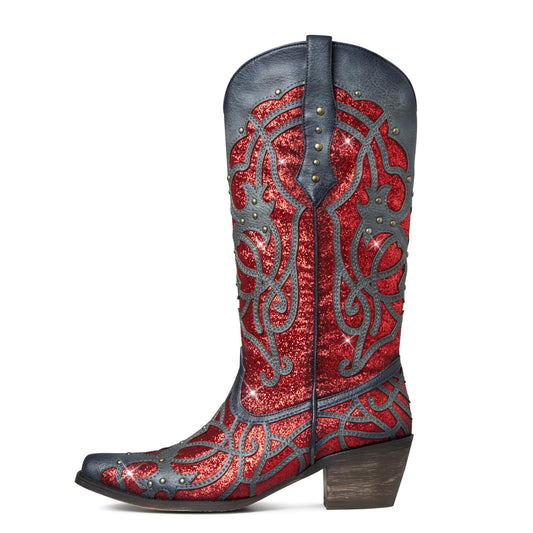 Lyrisiphy Red Cowboy Boots for Women Sparkly Cowgirl Boots Western Knee High Boots Chunky Heel Pointed Toe Pull-on Glitter Embroidered Studded Bridal Wedding Boots