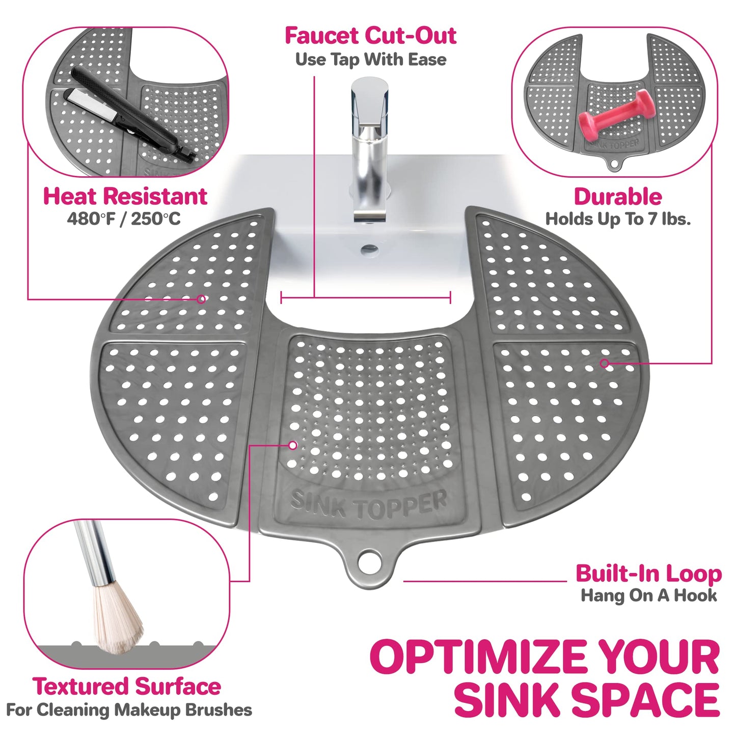 Sink Topper Foldable Sink Cover - Silicone Beauty Makeup Brush Cleaning Mat Hot Tools Organizer - for Extra Space & Storage Saver - Bathroom Must Have - Standard, Black