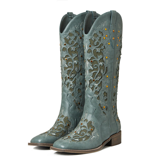 SaraIris Women's Rhinestone Boots Mid Calf Boots Chunky Heel Round Toe Green Boots Knee High Boots Embroidered Cowgirl Boots Cowboy Boots Pull On Western Boots for Women