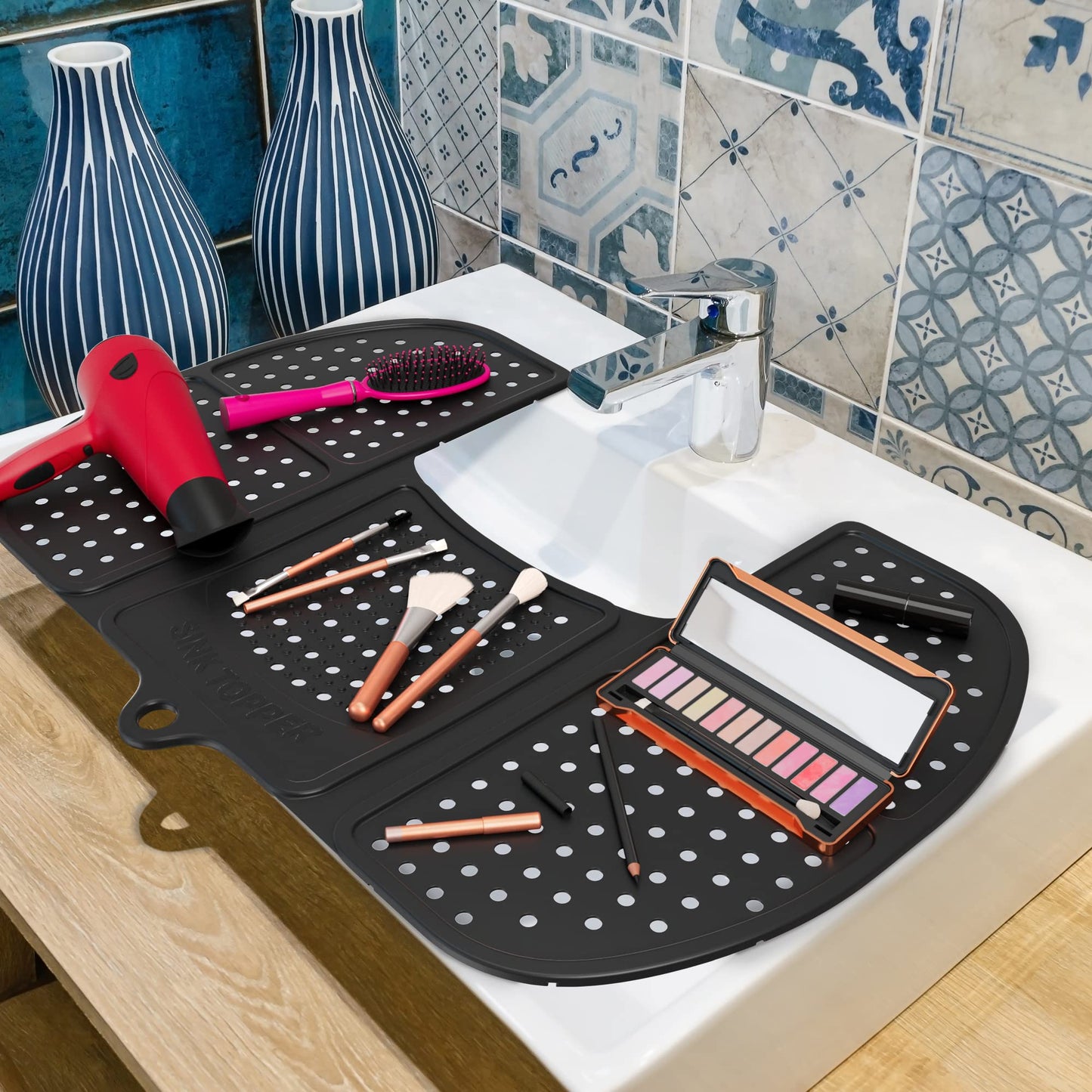 Sink Topper Foldable Sink Cover - Silicone Beauty Makeup Brush Cleaning Mat Hot Tools Organizer - for Extra Space & Storage Saver - Bathroom Must Have - Standard, Black