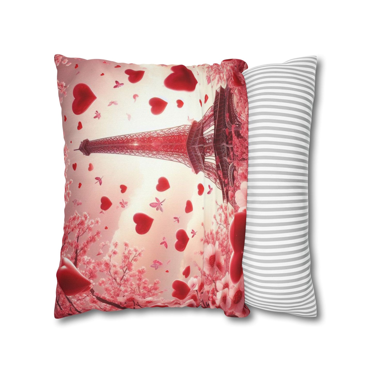 Paris Theme Cherry Blossom Eiffel Tower Spun Polyester Square Pillowcase