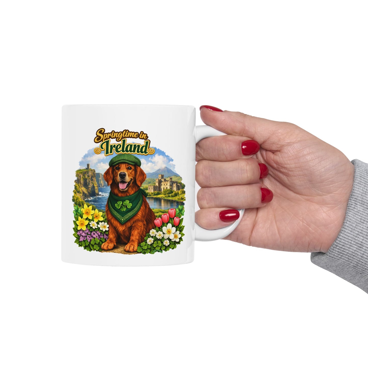 Springtime in Ireland (11oz, 15oz) Mug— Lucky Golden Retriever Shamrock Ceramic Mug