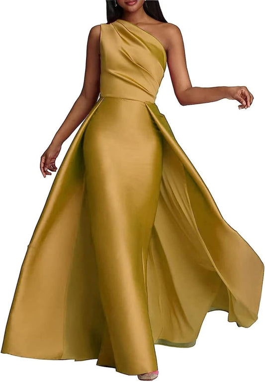 KDTM Women`s One Shoulder Formal Dresses Satin Long Prom Maxi Dress with Overskirt Evening Party Dress Sleeveless Gold